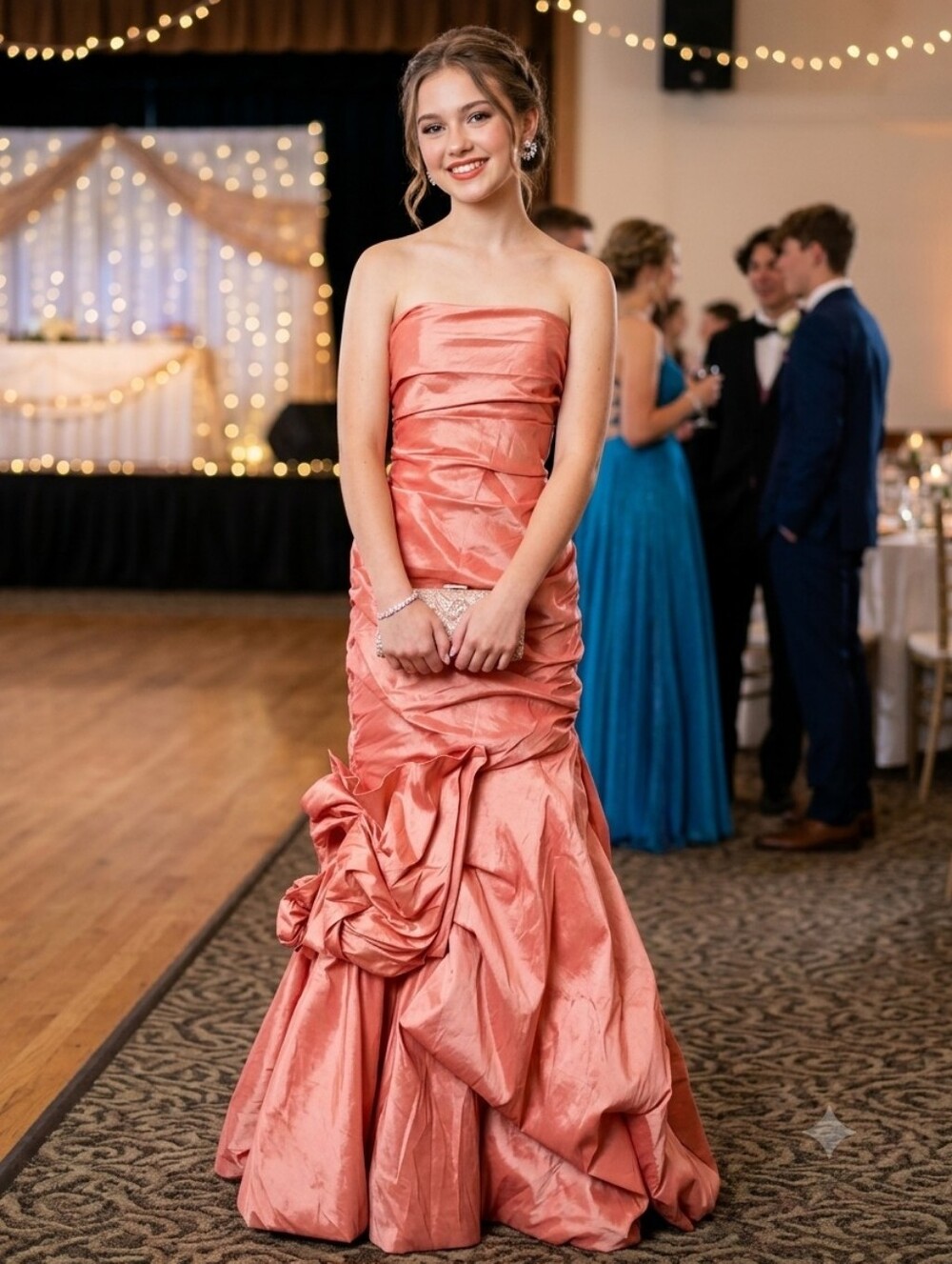 Y2K May Queen Strapless Ruched Coral Pink Evening Gown Prom Size 8 Shiny
